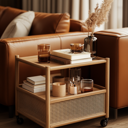 Wabi-sabi style solid wood wicker trolley, living room home sofa, a few small bedside tables, non-solid wood small tables - Image 9