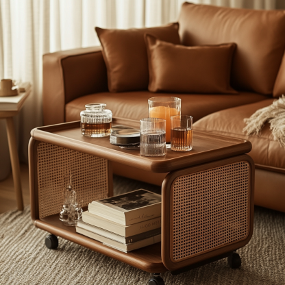 Wabi-sabi style solid wood wicker trolley, living room home sofa, a few small bedside tables, non-solid wood small tables - Image 8