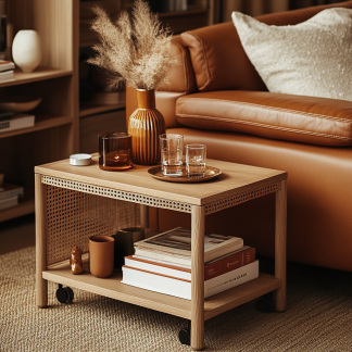 Wabi-sabi style solid wood wicker trolley, living room home sofa, a few small bedside tables, non-solid wood small tables