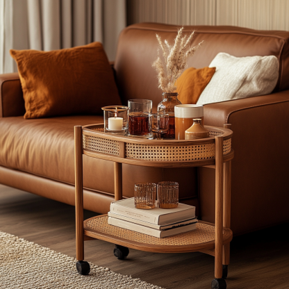 Wabi-sabi style solid wood wicker trolley, living room household mobile side table, sofa side cabinet, shelf - Image 9