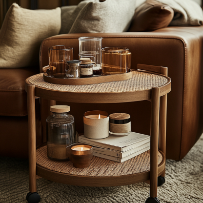 Wabi-sabi style solid wood wicker trolley, living room household mobile side table, sofa side cabinet, shelf - Image 8