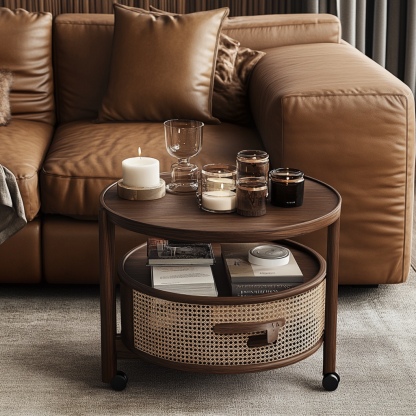 Wabi-sabi style solid wood wicker trolley, living room household mobile side table, sofa side cabinet, shelf - Image 7