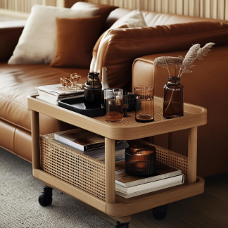 Wabi-sabi style solid wood wicker trolley, living room household mobile side table, sofa side cabinet, shelf