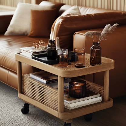 Wabi-sabi style solid wood wicker trolley, living room household mobile side table, sofa side cabinet, shelf