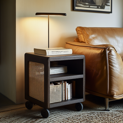 Wabi-sabi style solid wood wicker trolley, living room household mobile side table, sofa side cabinet, shelf - Image 5