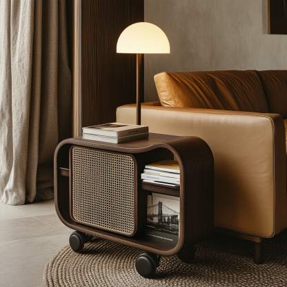 Wabi-sabi style solid wood wicker trolley, living room household mobile side table, sofa side cabinet, shelf - Image 4