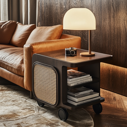 Wabi-sabi style solid wood wicker trolley, living room household mobile side table, sofa side cabinet, shelf - Image 3