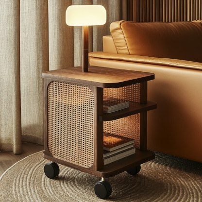 Wabi-sabi style solid wood wicker trolley, living room household mobile side table, sofa side cabinet, shelf - Image 2