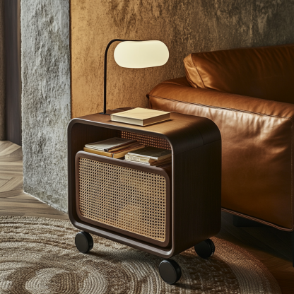 Wabi-sabi style solid wood wicker trolley, living room household mobile side table, sofa side cabinet, shelf - Image 3
