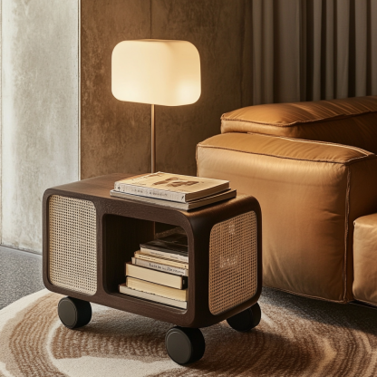 Wabi-sabi style solid wood wicker trolley, living room household mobile side table, sofa side cabinet, shelf - Image 2