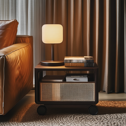 Wabi-sabi style solid wood wicker trolley, living room household mobile side table, sofa side cabinet, shelf - Image 9