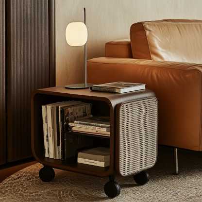 Wabi-sabi style solid wood wicker trolley, living room household mobile side table, sofa side cabinet, shelf - Image 8
