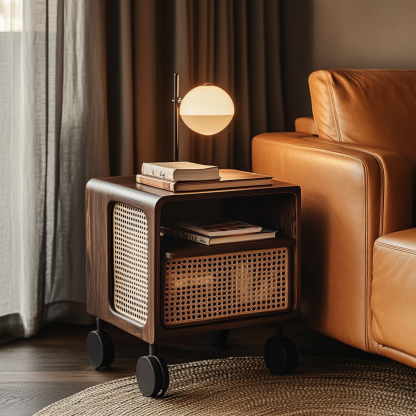 Wabi-sabi style solid wood wicker trolley, living room household mobile side table, sofa side cabinet, shelf - Image 7