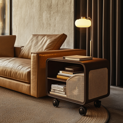 Wabi-sabi style solid wood wicker trolley, living room household mobile side table, sofa side cabinet, shelf - Image 6