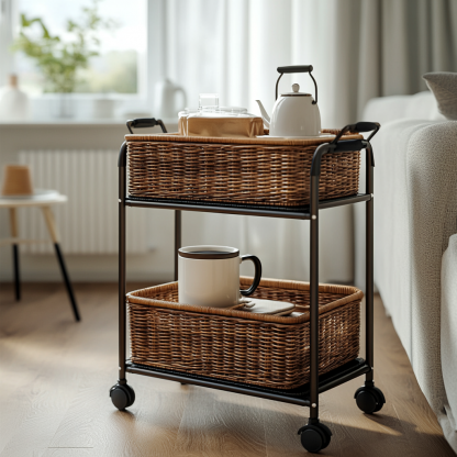 Wabi-sabi style solid wood wicker trolley, living room household mobile side table, sofa side cabinet, shelf - Image 9
