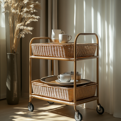 Wabi-sabi style solid wood wicker trolley, living room household mobile side table, sofa side cabinet, shelf - Image 8