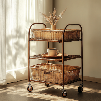 Wabi-sabi style solid wood wicker trolley, living room household mobile side table, sofa side cabinet, shelf - Image 7