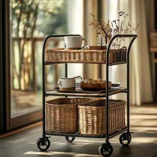 Wabi-sabi style solid wood wicker trolley, living room household mobile side table, sofa side cabinet, shelf