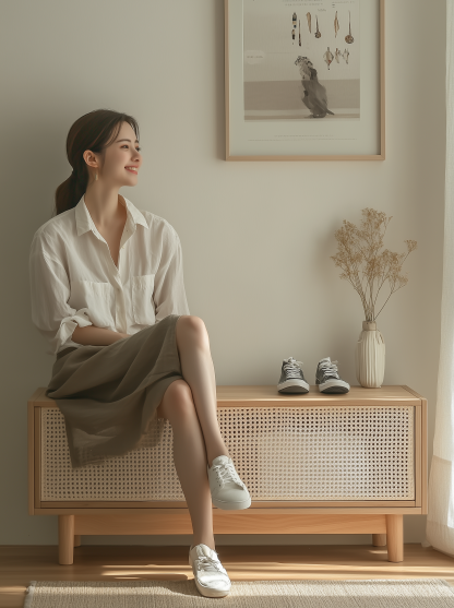 Nordic solid wood shoe-changing stool and shoe cabinet integrated home entrance, Japanese-style rattan sliding door for entry, low cabinet for sitting - Image 10