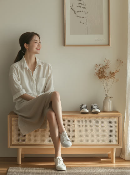Nordic solid wood shoe-changing stool and shoe cabinet integrated home entrance, Japanese-style rattan sliding door for entry, low cabinet for sitting - Image 9