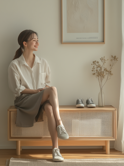 Nordic solid wood shoe-changing stool and shoe cabinet integrated home entrance, Japanese-style rattan sliding door for entry, low cabinet for sitting - Image 7