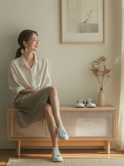 Nordic solid wood shoe-changing stool and shoe cabinet integrated home entrance, Japanese-style rattan sliding door for entry, low cabinet for sitting - Image 6