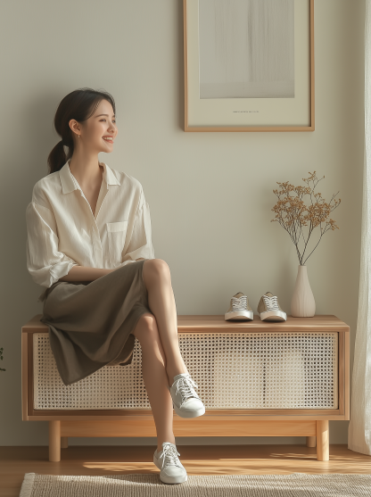 Nordic solid wood shoe-changing stool and shoe cabinet integrated home entrance, Japanese-style rattan sliding door for entry, low cabinet for sitting