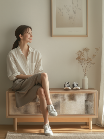 Nordic solid wood shoe-changing stool and shoe cabinet integrated home entrance, Japanese-style rattan sliding door for entry, low cabinet for sitting - Image 3
