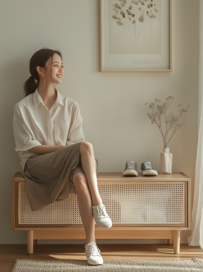 Nordic solid wood shoe-changing stool and shoe cabinet integrated home entrance, Japanese-style rattan sliding door for entry, low cabinet for sitting - Image 2