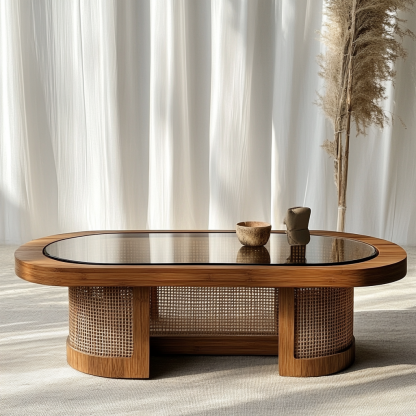 Wabi-sabi style solid wood round coffee table, homestay style creative rattan weaving storage, original wood tea table, modern and simple living room - Image 9