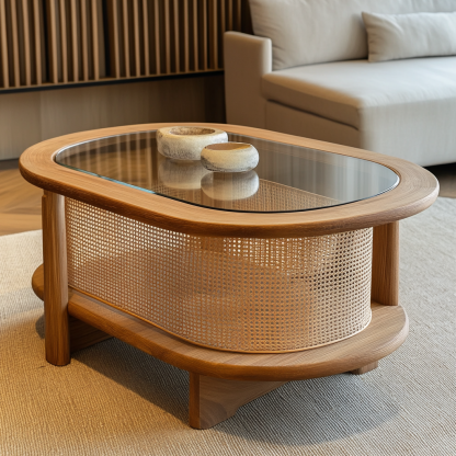 Wabi-sabi style solid wood round coffee table, homestay style creative rattan weaving storage, original wood tea table, modern and simple living room - Image 7