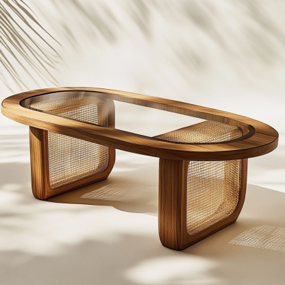 10 Wabi-sabi style solid wood rattan woven coffee table, Nordic modern and simple creative living room home light luxury round tea table - Image 9