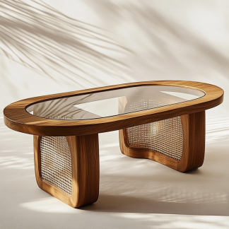 10 Wabi-sabi style solid wood rattan woven coffee table, Nordic modern and simple creative living room home light luxury round tea table