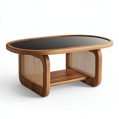10 Wabi-sabi style solid wood rattan woven coffee table, Nordic modern and simple creative living room home light luxury round tea table - Image 3