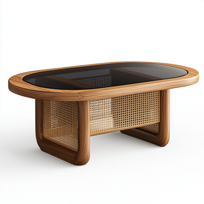 10 Wabi-sabi style solid wood rattan woven coffee table, Nordic modern and simple creative living room home light luxury round tea table - Image 2