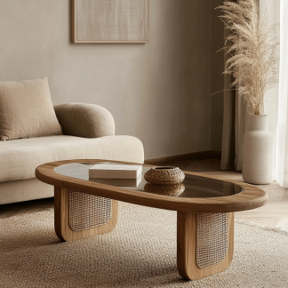Wabi-sabi style solid wood round coffee table, homestay style creative rattan weaving storage, original wood tea table, modern and simple living room
