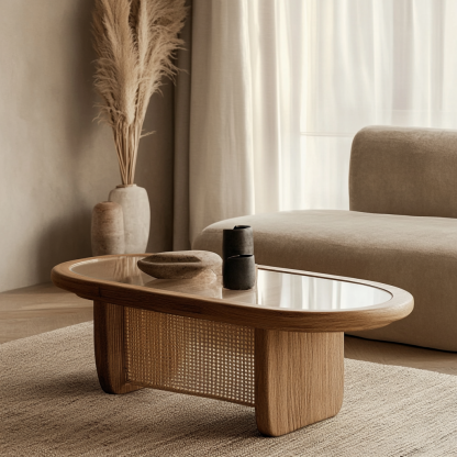 Wabi-sabi style solid wood round coffee table, homestay style creative rattan weaving storage, original wood tea table, modern and simple living room - Image 4