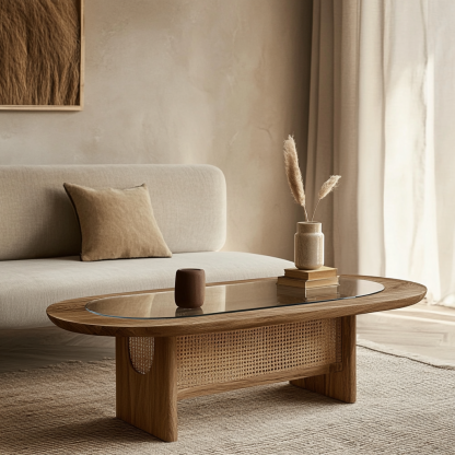 Wabi-sabi style solid wood round coffee table, homestay style creative rattan weaving storage, original wood tea table, modern and simple living room - Image 2