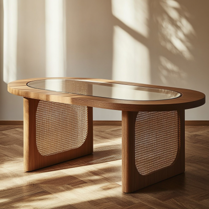 Japanese-style coffee table, living room, household solid wood double-layer long rainbow glass wicker tea table, homestay tea table - Image 5
