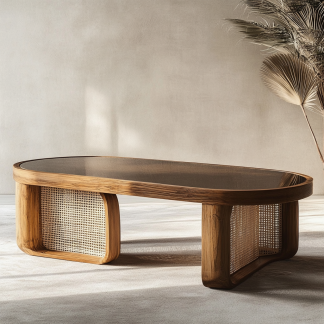 Japanese-style coffee table, living room, household solid wood double-layer long rainbow glass wicker tea table, homestay tea table