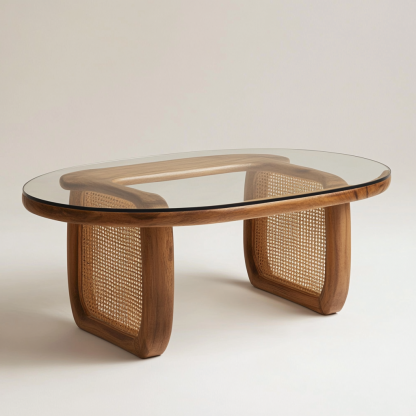 Japanese-style coffee table, living room, household solid wood double-layer long rainbow glass wicker tea table, homestay tea table - Image 3