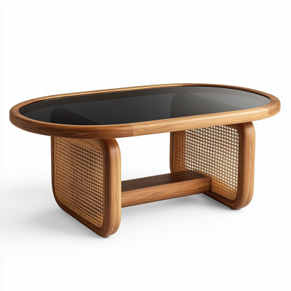 Japanese-style coffee table, living room, household solid wood double-layer long rainbow glass wicker tea table, homestay tea table - Image 2