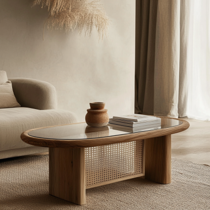 A modern, simple, light luxury and high-end coffee table made of solid wood and rattan in a tea house wabi-sabi style for a living room and small-sized home - Image 9