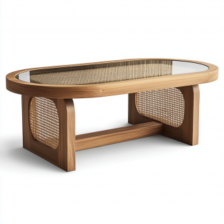 10 Wabi-sabi style solid wood coffee table, Japanese modern minimalist retro rattan coffee table, minimalist living room round coffee table