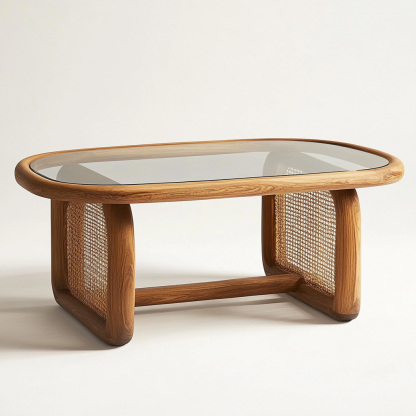 Japanese-style coffee table, living room, household solid wood double-layer long rainbow glass wicker tea table, homestay tea table - Image 9