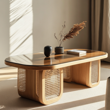 Japanese-style coffee table, living room, household solid wood double-layer long rainbow glass wicker tea table, homestay tea table - Image 8