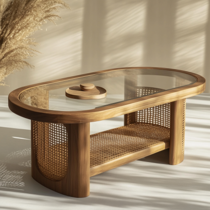 Japanese-style coffee table, living room, household solid wood double-layer long rainbow glass wicker tea table, homestay tea table - Image 7
