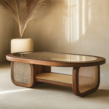 Japanese-style coffee table, living room, household solid wood double-layer long rainbow glass wicker tea table, homestay tea table - Image 6