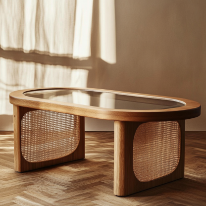 10 Wabi-sabi style solid wood rattan woven coffee table, Nordic modern and simple creative living room home light luxury round tea table - Image 9