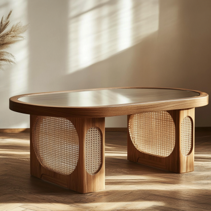 10 Wabi-sabi style solid wood rattan woven coffee table, Nordic modern and simple creative living room home light luxury round tea table - Image 8